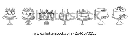 Set of hand drawn birthday cakes. Vintage cake illustrations with candles, floral decor and whipped cream. Perfect for coloring pages, baking blogs, party printables.Vector illustration
