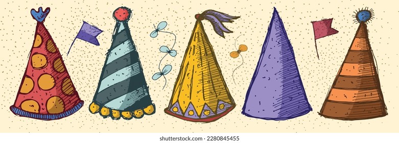 Set of hand drawn birthday hat used for graphic design elements