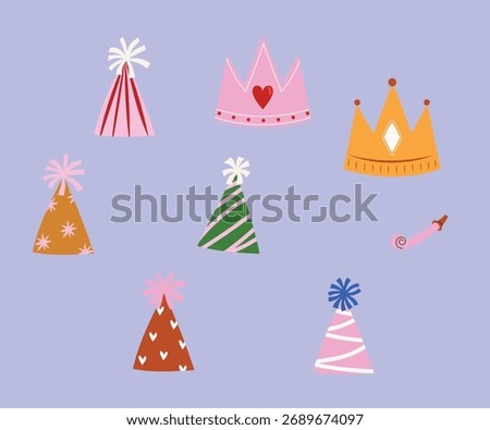 set of hand drawn birthday hat, element for decoration, party ornament with party hat, party horn and simple pink and gold crown, holiday celebration illustration