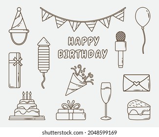 Set of hand drawn birthday party cartoon doodle coloring