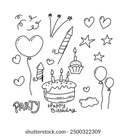Set of hand drawn birthday party elements. Vector illustration