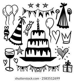 Set of hand drawn birthday party doodle elements