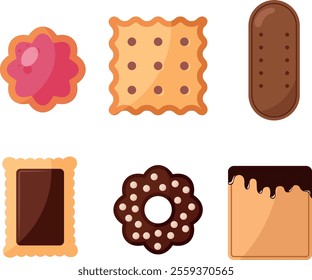 Set of hand drawn biscuits in flat style. Simple vector shapes. Collection of sweet cookies. Dessert icons