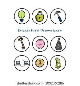 Set of hand drawn bitcoin, blockchain and mining icons in circles. Colorful vector ilustration for your design.