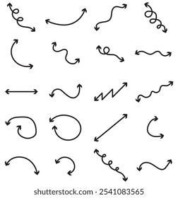 Set of hand drawn black arrow icon vector set. long arrow , curve arrow ,vector set . Black arrow icon collection isolated on white background.