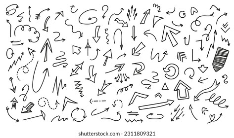 Set of hand drawn black arrows. Curved doodle, scattered doodle, arrow line direction indicator sketch on white background. Round or twisted navigation symbol.