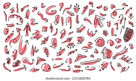 Set of hand drawn black arrows. Curved doodle, scattered doodle, arrow line direction indicator sketch in red circle. Round or twisted navigation symbol isolated on white background.