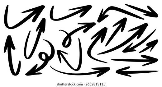 Set of hand drawn black arrows in various curved, straight, and twisted directions.
