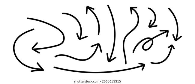 Set of hand drawn black arrows in various style. Set of hand drawn black arrows. Set of simple lines hand drawn black arrows. doodle arrow set