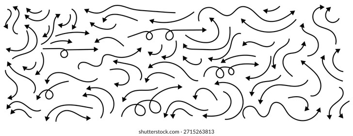 Set von handgezeichneten schwarzen Pfeilen in verschiedenen Stilen. Schwarze Pfeile mit dünner Linie, die in die andere Richtung zeigen. Handgezeichneter schwarzer Pfeil einzeln auf weißem Hintergrund.