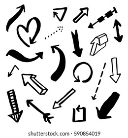 Set of hand drawn black arrows isolated on white background.Abstract brush drawing illustration. 