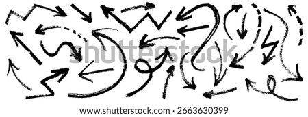 Set of hand drawn black arrows doodle on white background. Collection of childlike arrows in chalk, marker, crayon and pastel. Vector grunge style collage elements for kids, school, kindergarten