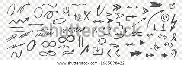 Set of hand drawn black arrows. Doodle\
curved scattered scribble arrow, sketch pointer line. Round,\
twisted navigation symbol. Direction arrowhead on checkered\
background. Vector\
illustration