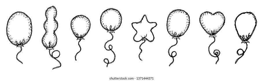 Set of hand drawn black ballons of different shapes on white background
