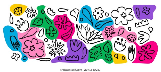 Set hand drawn in black brush linear flowers. Bright spots, blots. Abstract modern background with plants