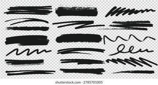 Set of hand drawn black brush strokes and scribble lines on with brush stroke graphic element scribble abstract isolated background transparent charcoal creative illustration collection