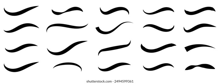 Set of hand drawn black calligraphy swoosh. Curly swish tails and sporty plume swirl logo vector elements
