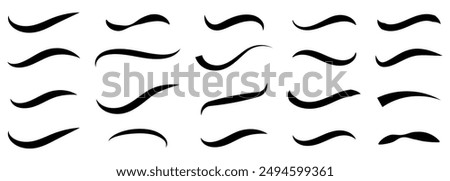 Set of hand drawn black calligraphy swoosh. Curly swish tails and sporty plume swirl logo vector elements
