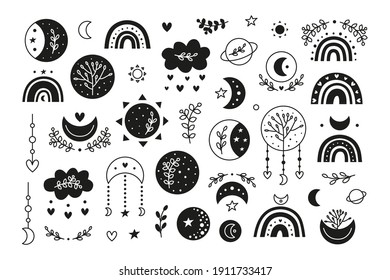 Set of hand drawn black celestial, bohemian icons: stars, leafy branches, dream catcher, rainbows, mystery, magic symbols isolated on white background. Moon child illustration. Boho chic silhouettes.