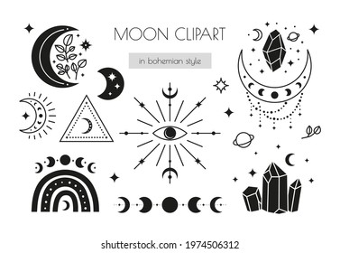 Set of hand drawn black celestial, bohemian icons: third eye, moon phases, crescents, stars, rainbow, crystals isolated on white background. Moon child illustration. Boho chic silhouettes.