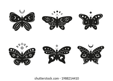 Set of hand drawn black celestial butterfly with stars, crescent and moon phases isolated on white background. Witchy magic talismans. Mystical illustration.