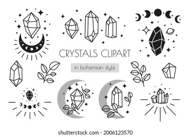 Juego de íconos celestes negros dibujados a mano, bohemias: cristales, centavos, estrellas, ramas frondosas aisladas de fondo blanco. Ilustración del niño de la luna. Silhouettes chic de Boho.