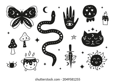 Set of hand drawn black celestial, boho icons including butterfly, snake, mushrooms, boiling pot, cat, scull, witch hand, blade, sun, candle isolated on white background. Alchemy esoteric symbols.