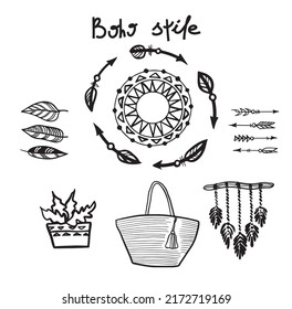 Set of hand drawn black celestial, bohemian icons: stars, leafy branches, dream catcher, rainbows, mystery, magic symbols isolated on white background. Boho chic silhouettes.