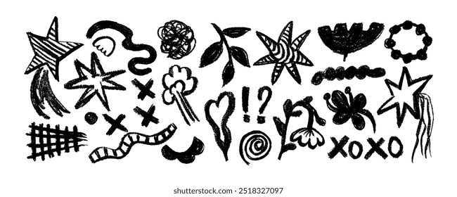 Set  of hand drawn black charcoal doodle shapes and squiggles in childish girly style. Pencil drawings isolated on white. Eyes, stars, geometric shapes, flower and cloud doodle collage elements.