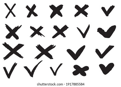 Set hand drawn black check mark and cross appears. Illustration isolated on white background.