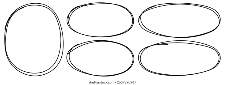 Set of hand drawn black circles and ovals. Highlight circle frames. Hand drawn circle line sketch set isolated on white background. hand-drawn doodle grunge circle highlights