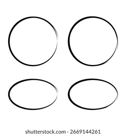 Set of hand drawn black circles and ovals. Highlight circle frames. Ellipses in doodle style. Vector illustration. EPS 10