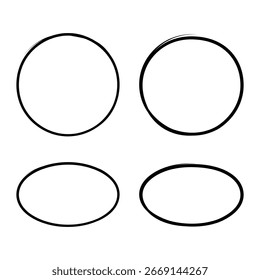 Conjunto de círculos negros dibujados a mano y óvalos. Resalte los marcos circulares. Elipses en estilo doodle. Ilustración vectorial. EPS 10