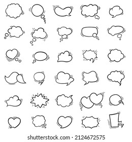 Set of hand drawn black colored linear speech balloons or chat bubbles, design element used for speech on a white background.