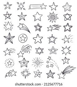Set of hand drawn black colored linear cosmic elements, stars and comet on a white background.