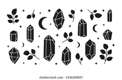 Conjunto de cristales negros dibujados a mano, ramas frondosas, luna y estrellas aisladas sobre fondo blanco. Geometría sagrada. Alquimia de talismán esotérico mágico. Símbolo místico.
