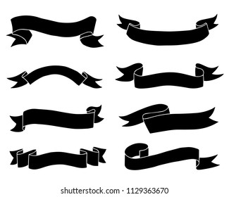 Set of Hand Drawn Black Doodle Ribbon Banners isolated on white background