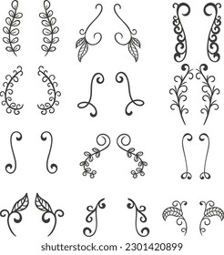 Set of Hand Drawn Black Doodle Design Elements. Decorative Floral Dividers, Arrows, Swirls, Scrolls.