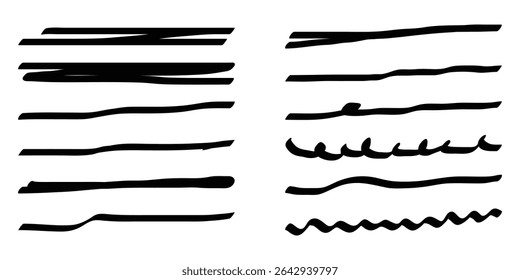 Conjunto de líneas de garabatos negros dibujados a mano subraya los Elementos de garabatos. Conjunto de trazo de pincel de subrayado de marcador de lápiz.
