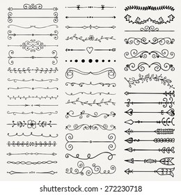 Set of Hand Drawn Black Doodle Design Elements. Decorative Floral Dividers, Arrows, Swirls, Scrolls. Vintage Vector Illustration.
