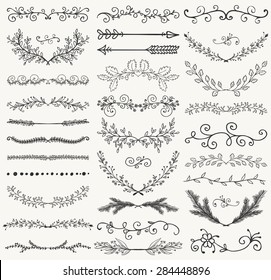 Set of Hand Drawn Black Doodle Design Elements. Decorative Floral Dividers, Arrows, Swirls, Laurels and Branches. Vintage Vector Illustration. Pattern Brushes