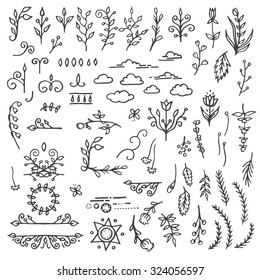 Set of Hand Drawn Black Doodle Design Elements. Decorative Floral Dividers, Arrows, Swirls, Scrolls. Vintage Vector Illustration.