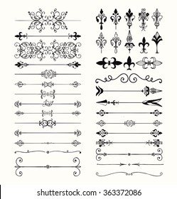 Set of Hand Drawn Black Doodle Design Elements. Decorative Floral Dividers, Arrows, Swirls, Scrolls. Vintage Vector Illustration.