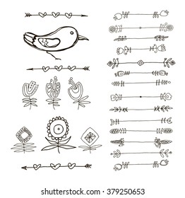 Set of Hand Drawn Black Doodle Design Elements. Decorative Floral Dividers, Arrows, Swirls, Scrolls. Vintage Vector Illustration.