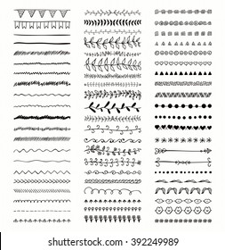 Set of Hand Drawn Black Doodle Line Borders. Rustic Decorative Design Elements, Florals, Dividers, Arrows, Swirls, Scrolls. Sketched Vector Illustration.