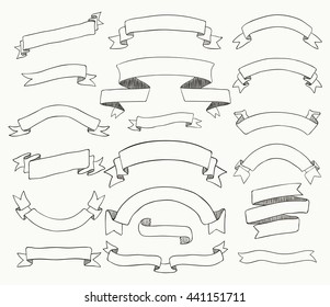 Set of Hand Drawn Black Doodle Sketched Rustic Decorative Banners and Ribbons. Vintage Outlined Vector Illustration.