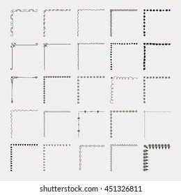 Set of Hand Drawn Black Doodle Outlined Corners. Rustic Decorative Design Elements, Floral Frame Corners, Swirls, Borders. Sketched Vector Illustration.