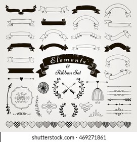 Set of Hand Drawn Black Doodle Sketched Rustic Decorative Wedding Design Elements and Ribbons. Grunge Textured Ribbons and Badges. Vintage Vector Illustration.