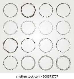 Set of Hand Drawn Black Doodle Circle Logo Badge Elements Set, Borders, Frames. Rustic Decorative Design Elements, Florals. Minimal Concept Vector Illustration.