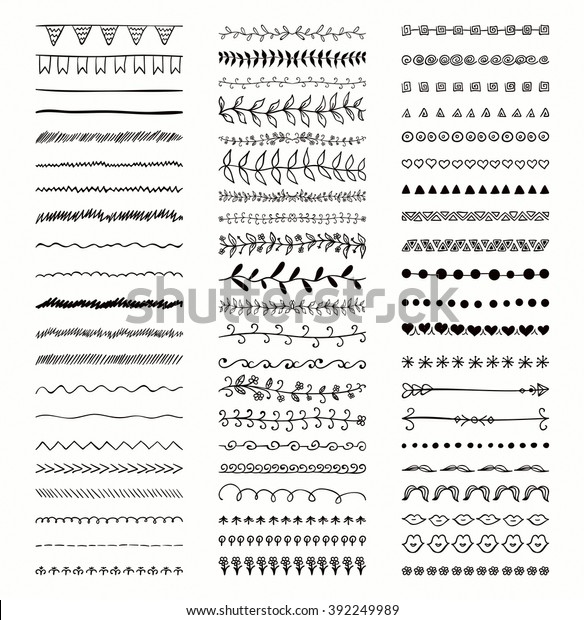 Set of Hand Drawn Black Doodle Line\
Borders. Rustic Decorative Design Elements, Florals, Dividers,\
Arrows, Swirls, Scrolls. Sketched Vector\
Illustration.